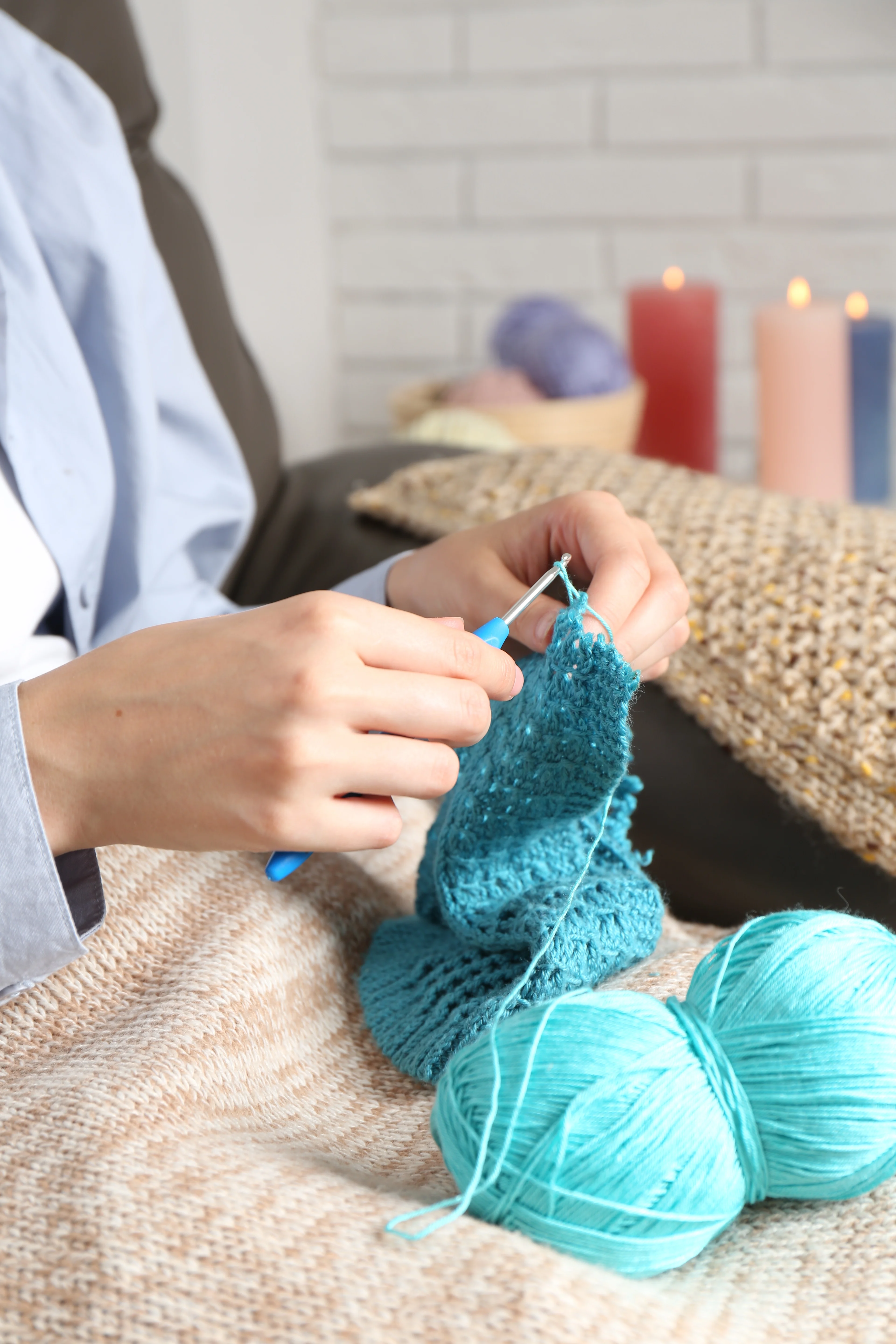 Knitting tools and handmade wool creations